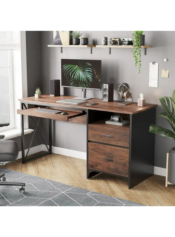 Bestier 55 inch Computer Desk with Storage Drawers & Keyboard Tray & File Drawer Home Office Desk Cherry