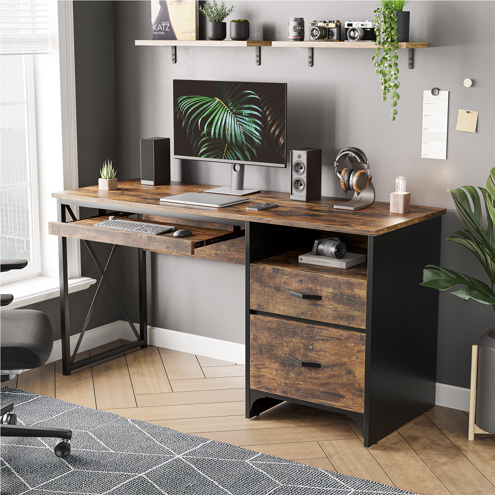 Bestier 55 inch Computer Desk with Storage Drawers & Keyboard Tray & File Drawer Home Office Desk in Rustic - image 1 of 10