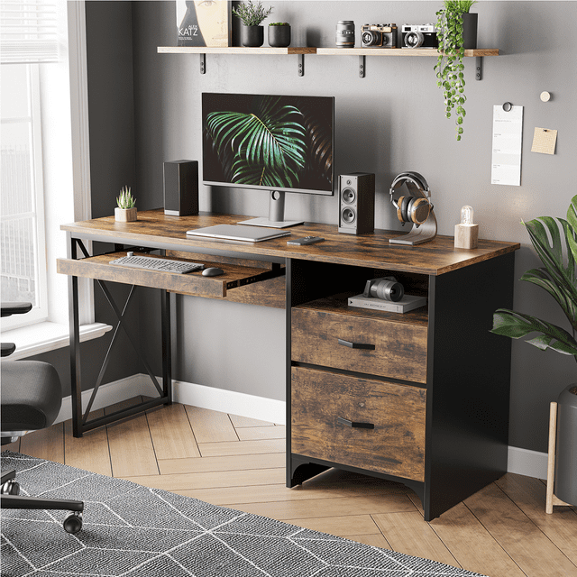 Bestier 55 inch Computer Desk with Storage Drawers & Keyboard Tray & File Drawer Home Office Desk in Rustic