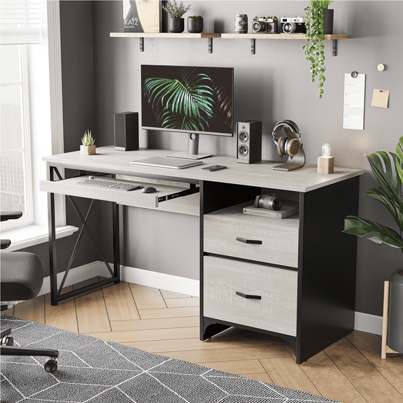 Bestier 55 inch Computer Desk with Storage Drawers & Keyboard Tray & File Drawer Home Office Desk in Wash White