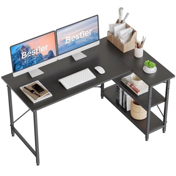 Bestier 55 inch Corner L Shaped Computer Desk with Storage Shelves Black