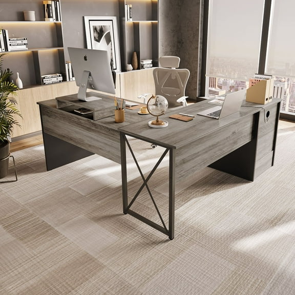 Bestier 55 inch L-Shaped Lift Top Desk with Storage, Sit to Stand Computer Desk with Monitor Stand & File Drawer in Wash Grey