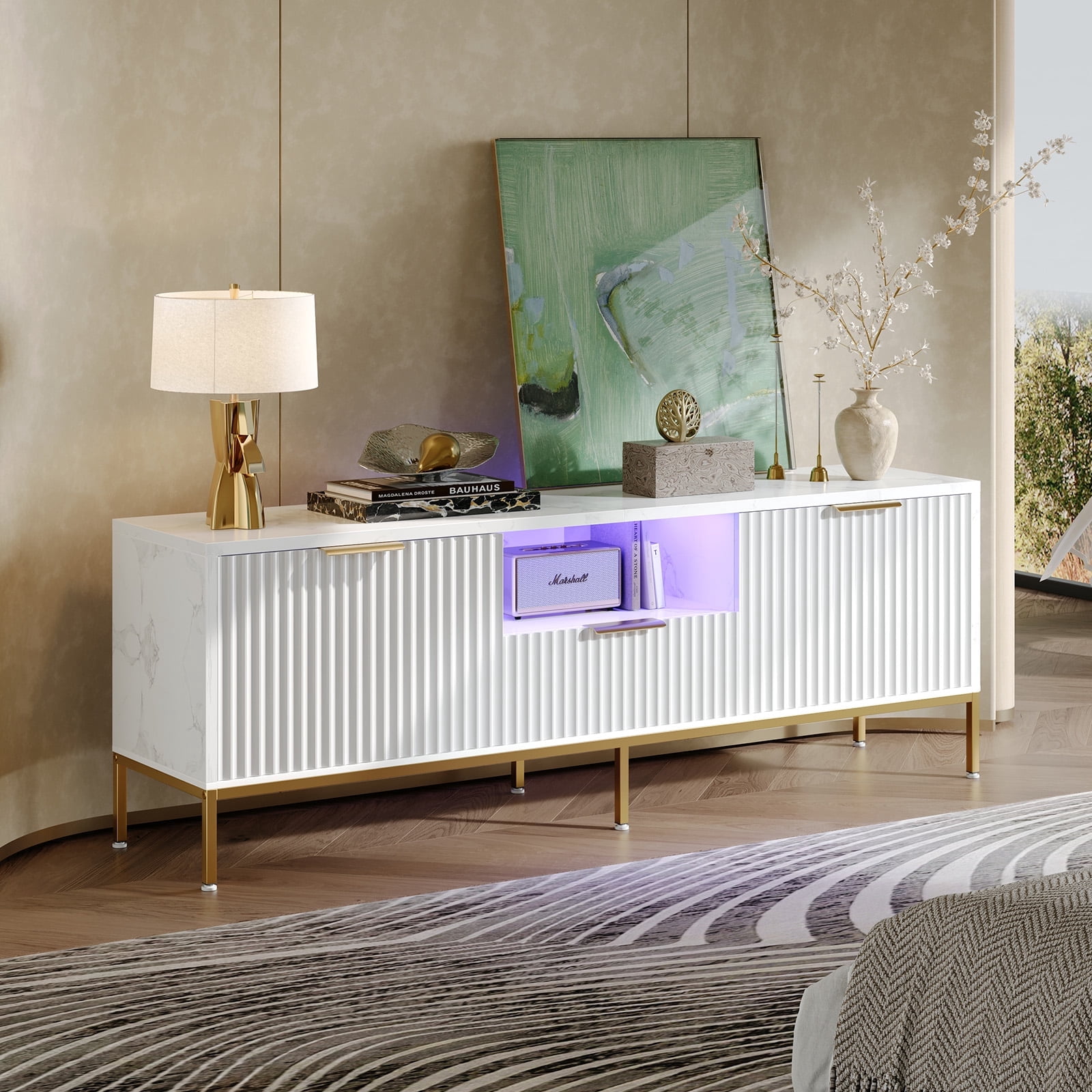 Bestier 55" LED TV Stand for TVs up to 60" Modern High Gloss Entertainment Center with Drawers Cabinets Fluted TV Console, White Marble & Gold