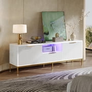 Bestier 55" LED TV Stand for TVs up to 60" Modern High Gloss Entertainment Center with Drawers Cabinets Fluted TV Console, White Marble & Gold