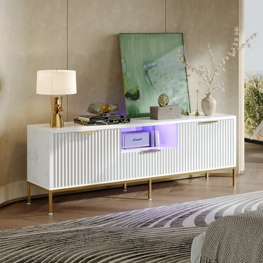 Bestier 55" LED TV Stand for TVs up to 60" Modern High Gloss Entertainment Center with Drawers Cabinets Fluted TV Console, White Marble & Gold