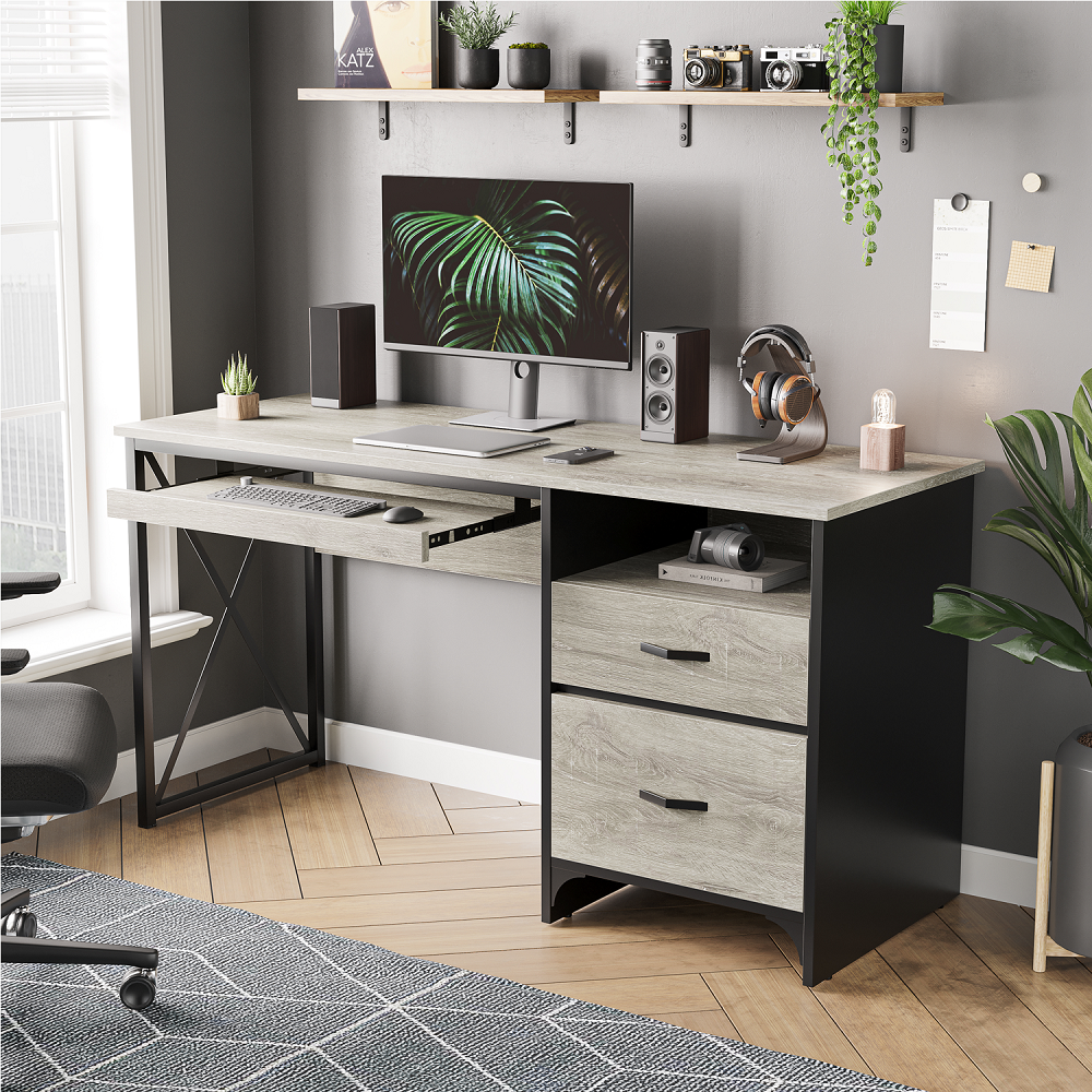 Bestier 55 inches Computer Desk with Storage Drawers & Keyboard Tray & File Drawer Home Office Desk in Gray - image 1 of 10