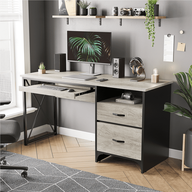 Bestier 55 inches Computer Desk with Storage Drawers & Keyboard Tray & File Drawer Home Office Desk in Gray