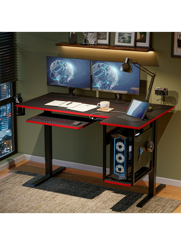 Bestier 57.5" x 31.5" Height Adjustable Electric Standing Desk L-Shaped Sit Stand Computer Table with Keyboard Tray, Carbon Fiber Black