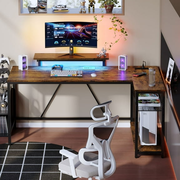 Bestier 58" Computer Desk with LED Lights L Shaped Corner Desk with Power Outlet & Monitor Stand Home Office Desk, Rustic