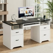 Bestier 59''Computer Desk with 4 Drawers,Office Desk with Storage,Modern Executive Desk with File Drawer, Office Desk with Charging Station, Keyboard Tray for Home office, Study & Bedroom，White