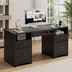 Bestier 59''Computer Desk with 4 Drawers,Office Desk with Storage,Modern Executive Desk with File Drawer, Office Desk with Charging Station, Keyboard Tray for Home office, Study & Bedroom,Black