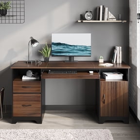 Bestier 59” Computer Desk with Drawers, Executive Desk with Storage Cabinet, Keyboard Tray for Home Office, Cherry