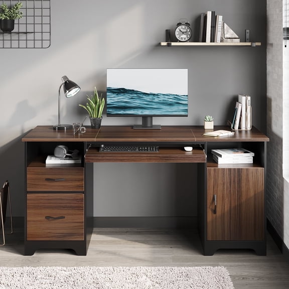 Bestier 59” Computer Desk with Drawers, Executive Desk with Storage Cabinet, Keyboard Tray for Home Office, Cherry