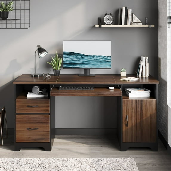 Bestier 59” Computer Desk with Drawers, Executive Desk with Storage Cabinet, Keyboard Tray for Home Office, Cherry