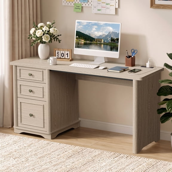 Bestier 59" Computer Desk with Power Outlets & Drawers, Home Office Writing PC Table, Large Workstation with Storage File Cabinet,Light Oak