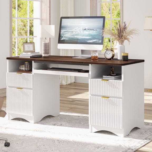 Bestier 59" Home Office Computer Desk with Keyboard Tray and Storage Drawers, Modern Executive Desk for Writing Reading, Walnut and White