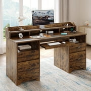 Bestier Farmhouse Executive Desk with Drawers, 59" Wood Computer Desk with Charging Station, Home Office Desk with Keyboard Tray & Monitor Stand，File Cabinet Sturdy Desk for Work Study, Rustic Brown