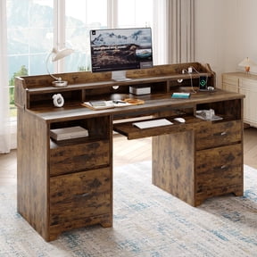 Bestier Farmhouse Executive Desk with Drawers, 59" Wood Computer Desk with Charging Station, Home Office Desk with Keyboard Tray & Monitor Stand,File Cabinet Sturdy Desk for Work Study, Rustic Brown