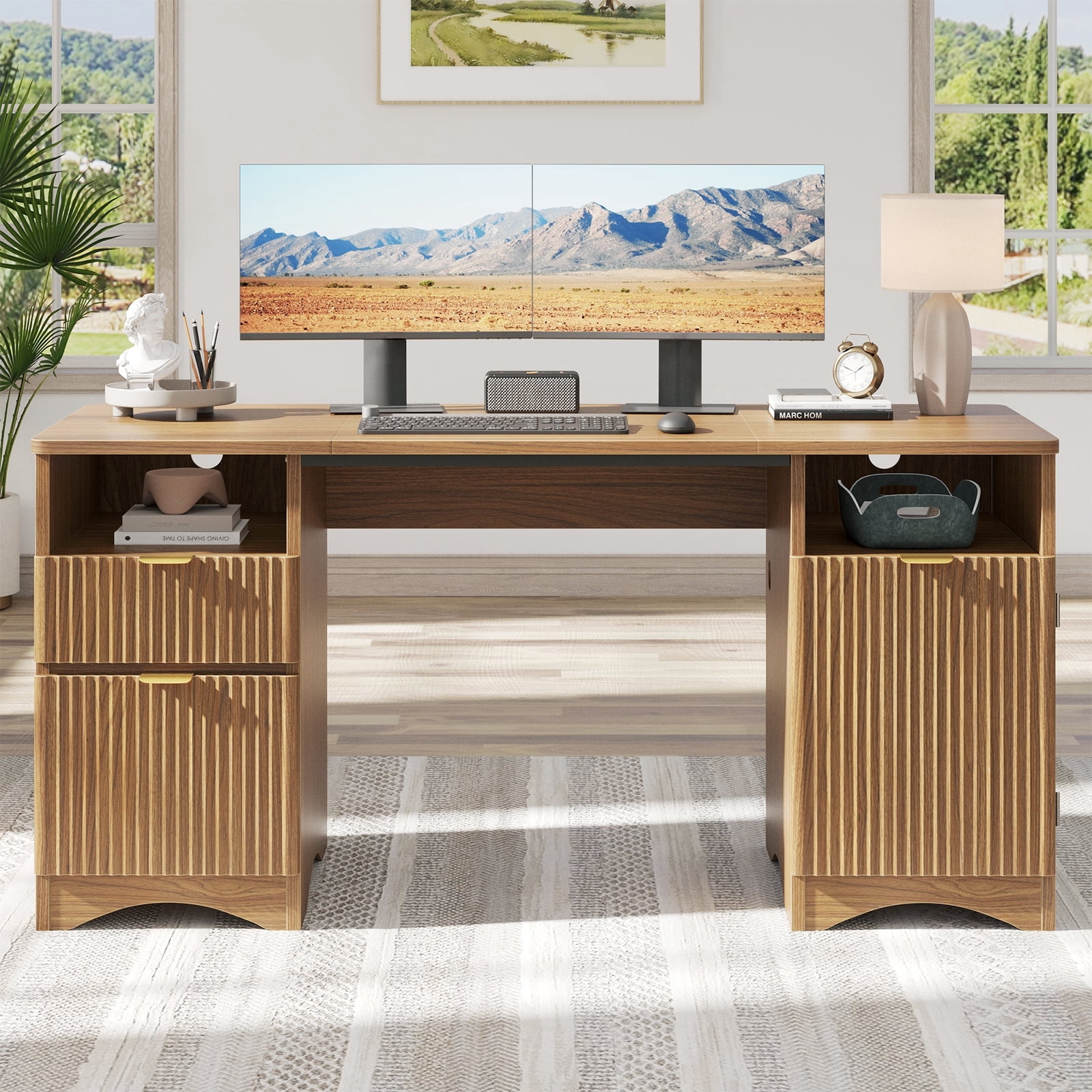 Bestier 59" Modern Executive Desk with Storage, Wood Home Office Desk with 2 Drawers & 3 Cabinet, Fluted Computer Writing Desk for Study, Living Room, Bedroom, Brown