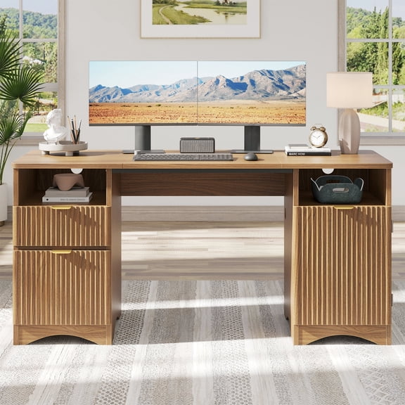 Bestier 59" Modern Executive Desk with Storage, Wood Home Office Desk with 2 Drawers & 3 Cabinet, Fluted Computer Writing Desk for Study, Living Room, Bedroom, Brown