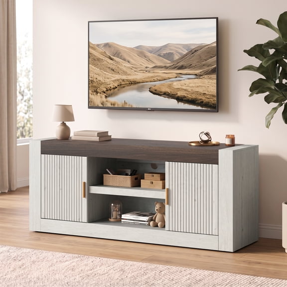 Bestier 59" TV Stand for TVs up to 65 Inch, Mid Century Modern Entertainment Center with Vertical Fluted Doors, Thick Panel Design, Storage Cabinets, Open Shelves for Living Room, White
