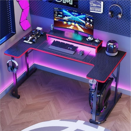 Bestier U-shaped Gaming Desk with Monitor Stand, LED Lights, Headphone Hooks, Cup Holder, 31.5 x 59 in, Carbon Fiber Black
