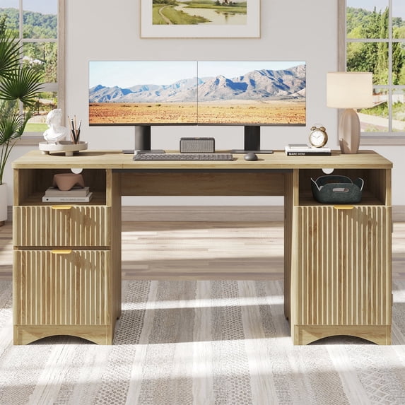 Bestier 59" Modern Executive Desk with Storage, Wood Home Office Desk with 2 Drawers & 3 Cabinet, Fluted Computer Writing Desk for Study, Living Room, Bedroom, Oak
