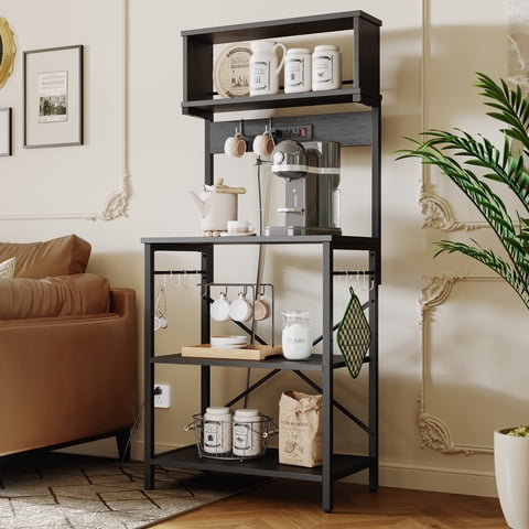 Bestier 60" 5-Tier Kitchen Bakers Rack with 3 Outlets 8 S-Hooks Microwave Cart in Black