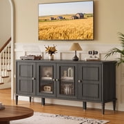 Bestier 60 inch Modern Farmhouse TV Stand with Glass Doors, Sand Beige Entertainment Center for 65" TVs, Media Console with Adjustable Shelves, Solid Wood Legs, Built-in Cable Management & Anti-Tip H