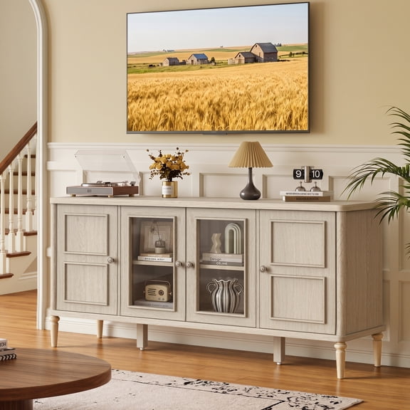 Bestier 60 Inch TV Stand with Glass Doors & Adjustable Shelves, Farmhouse Entertainment Center for 65" TV, Media Console with Solid Wood Legs, Cord Management & Anti-Tip Hardware, Oak