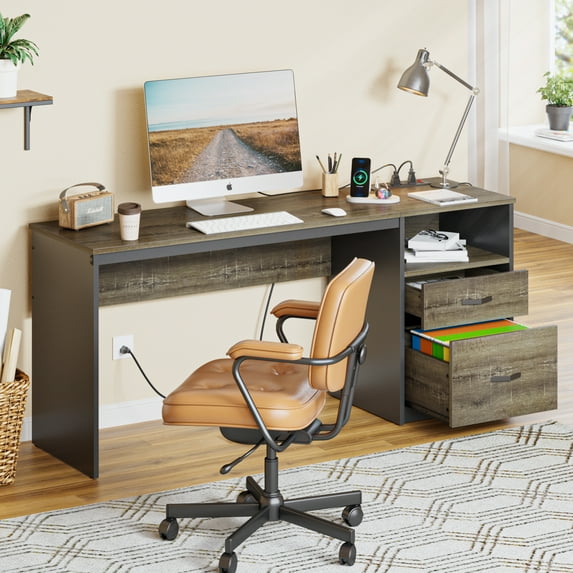 Bestier 60" L Shaped Desk with Power Outlets & Drawer, Lift Top Corner Computer Desk with Storage Shelves, Large Workstation for Home ,Gray