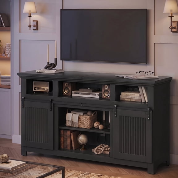 Bestier Farmhouse TV Stand, 60" Entertainment Center for TVs up to 65 Inch,Tall TV Console Table with Sliding Barn Doors,Adjustable Shelves and Cable Management,Storage Cabinet for Living Room,Black