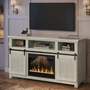 Bestier 60" Fireplace TV Stand for TVs up to 65" Farmhouse Barn Door Entertainment Center with 23" Remote Control Electric Fireplace , White Wash