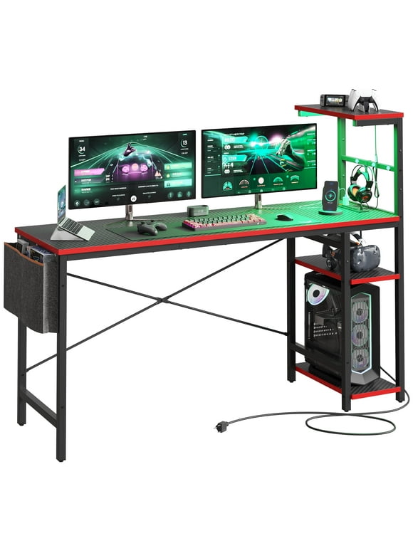 Bestier 61" Reversible Gaming Computer Desk with Power Outlet LED Desk with 4 Tier Shelves, Black Carbon Fiber