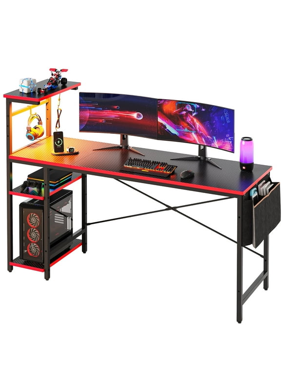 Bestier 61" Reversible Gaming Desk Computer Desk with LED Lights 4 Tier Shelves Carbon Fiber