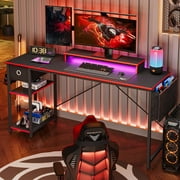 Bestier 62 inch Gaming Desk with LED Lights & Monitor Stand, Reversible Computer Desk with Drawer & Storage Shelves, Carbon Fiber Black