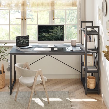 Bestier 63" Computer Desk with Adjustable Shelves, Writing Desk with Reversible Bookshelf, Black