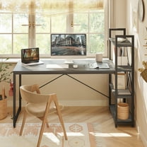 Bestier 63" Computer Desk with Adjustable Shelves, Writing Desk with Reversible Bookshelf, Gray