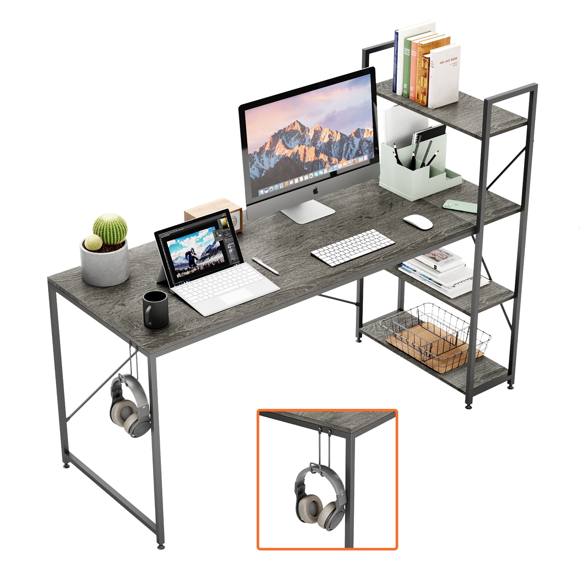Bestier Desk with Shelves for Home Office in Retro Grey