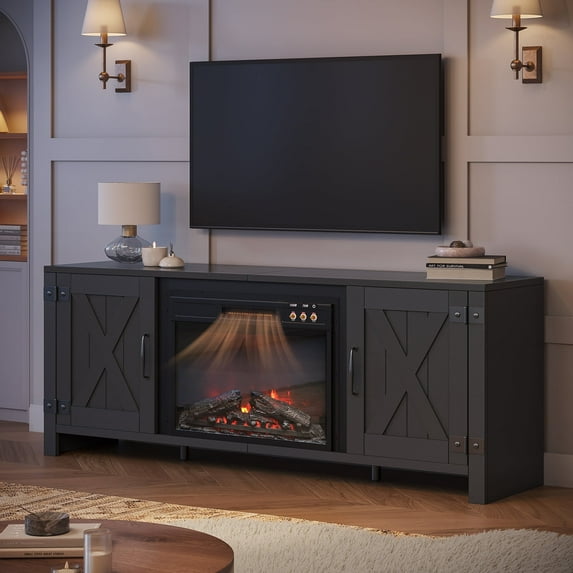 Bestier 63" Fireplace TV Stand for TVs up to 70" Farmhouse Barn Door Entertainment Center with 23" Remote Control Electric Fireplace , Black