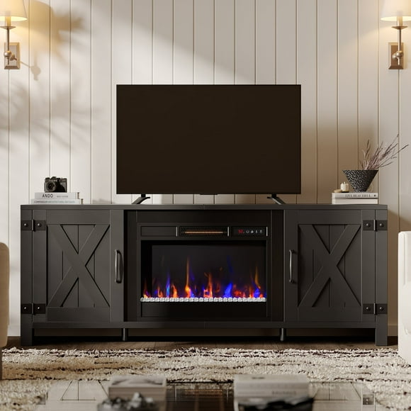 Bestier 63" Fireplace TV Stand for TVs up to 70" Farmhouse Barn Door Entertainment Center with 23" Remote Control Electric Fireplace , Black
