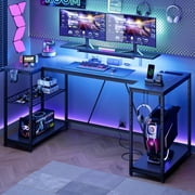 Bestier 63" Gaming Desk with LED Lights, U-Shaped Computer Desk with Outlets & Monitor Stand, Home Office Desk with Storage Shelves in Carbon Fiber