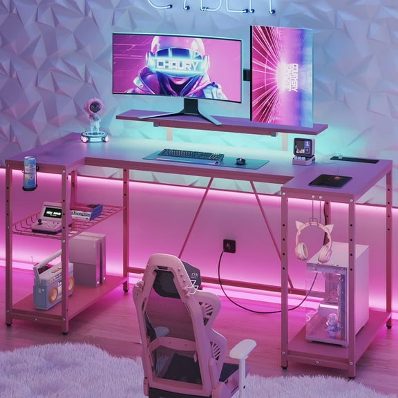 Bestier 63" Gaming Desk with LED Lights, U-Shaped Computer Desk with Outlets & Monitor Stand, Home Office Desk with Storage Shelves in Pink
