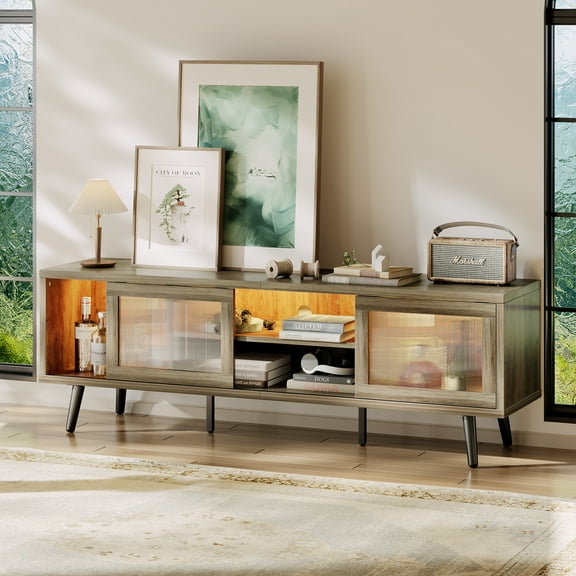 Bestier LED TV Stand for Living Room,Up to 70" TVs with Fluted Glass Sliding Doors,Entertainment Center with Storage,TV Console Table for Living Room,Gray Wash