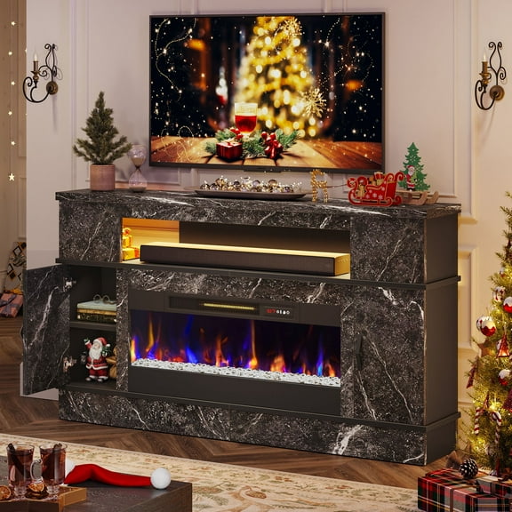 Bestier 63" LED TV Stand with 36" Electric Fireplace and Storage Entertainment Center for TVs up to 70", Black Marble