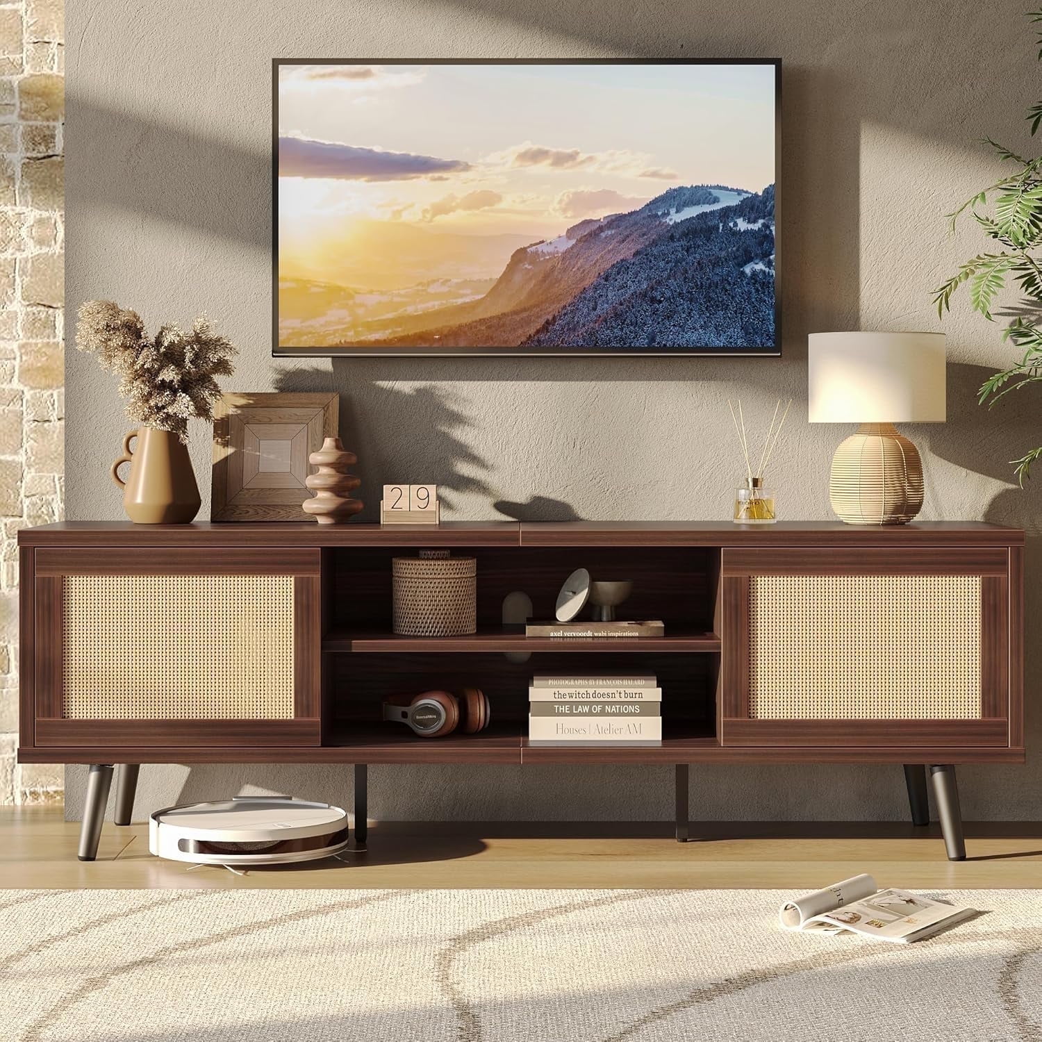 Bestier 63" Boho TV Stand for TVs up to 65 inch, Mid Century Modern TV Stand with Rattan Sliding Doors, Entertainment Center  for Living Room, Walnut