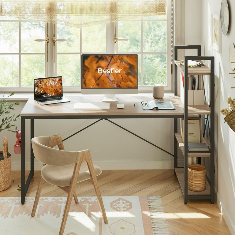 Bestier 63 Inch Computer Desk Large Workstation Reversible Home Office Table with 4 Tier Shelves Light Oak Walmart