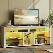 Bestier 63" Tall TV Stand with LED Lights, Entertainment Center for TVs up to 70 inch, TV Console with Storage & Adjustable Shelves in White Marble