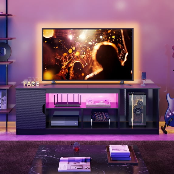 Bestier 63" LED TV Stand for TVs up to 70", Gaming Entertainment Center with PS5 Storage, Modern Media Console Table with 2-Tier Storage Shelves, Carbon Fiber Black