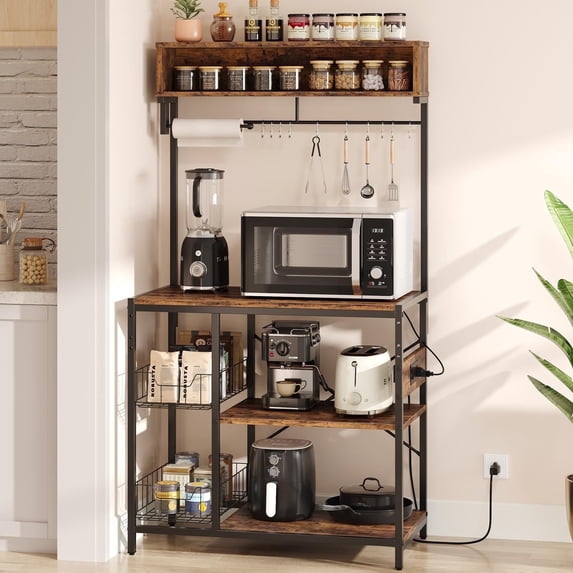 Bestier 65" Bakers Rack with Power Outlets, 5-Tier Kitchen Storage Shelves, Microwave Stand with 2 Wire Basket & 10 Hooks in Rustic